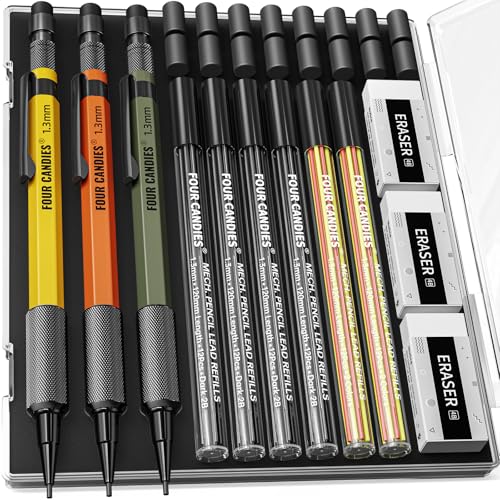 Four Candies 1.3mm Metal Mechanical Pencil Set with 72 Lead Refills, 3-Pack | Heavy Duty Weatherproof Body, 3 Eraser, 16 Eraser Refills,Storage case for Outdoor Woodworking Drafting Marking - size: 3-Pack, style: Multi-color