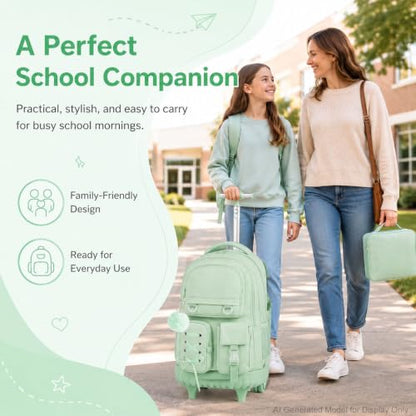KLFVB Roller Backpack for Girls, 3PCS Rolling Bookbag with Lunch Bag for Kids, Wheeled School Bag for Teen - Cyan Ribbon Bow - color: Cyan Ribbon Bow Rolling Backpack