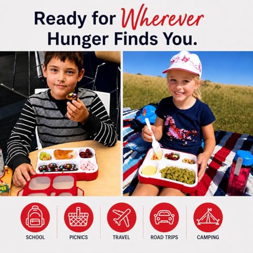 kinsho Bento Box Kids Lunch-Box, Snack Containers for Toddler Daycare, Leakproof School Bentobox 6 Compartment Container for Boys Girls Adults Lunches, Utensils, Red - color: Red