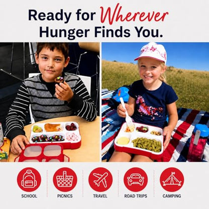 kinsho Bento Box Kids Lunch-Box, Snack Containers for Toddler Daycare, Leakproof School Bentobox 6 Compartment Container for Boys Girls Adults Lunches, Utensils, Red - color: Red