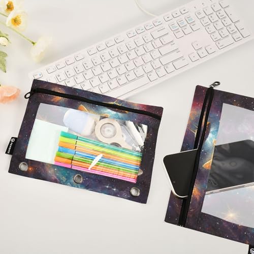 Star Cat Binder Pouches 3 Ring for Boys Girls School Office College Supplies Galaxy Space Pizza Alien Pencil Pouches Case Bag with Clear Window and Zipper 2 Pack - color: Pizza Cat