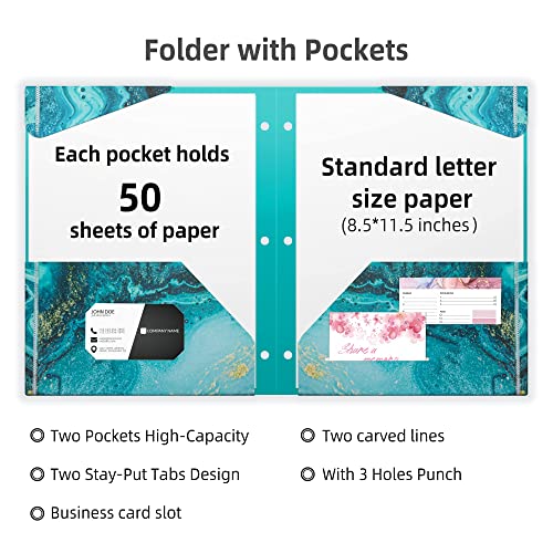 Ospelelf Folders with Pockets, Waterproof Plastic Folder with Two Fixed Corner Tabs and 2 Pockets Includes Business Card Slot, Includes Sticker, Fits 3 Ring Binder Holds 11" x 8.5", 6-Pack - color: Marble and Flowers