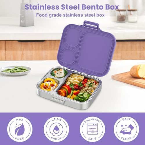 Pawtong Stainless Steel Bento Lunch Box for Kids | 3-Compartment Lunch Box Container Kids | 100% Leakproof, Eco-Friendly, Perfect Portion Control for Kids&Adult Healthy Meals (Purple) - color: Purple