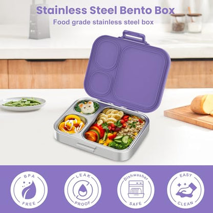 Pawtong Stainless Steel Bento Lunch Box for Kids | 3-Compartment Lunch Box Container Kids | 100% Leakproof, Eco-Friendly, Perfect Portion Control for Kids&Adult Healthy Meals (Purple) - color: Purple