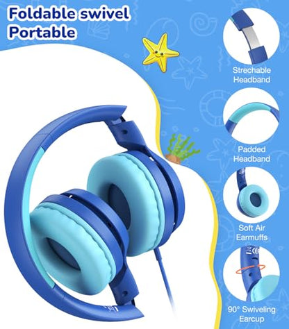 Bywulanda USB-C Kids Headphones with Mic, Safe Volume Limiter 85/94dB, Adjustable Headband, Foldable Wired Headphones for Boys & Girls, Over Ear Headphones for School/Chromebook/Tablet/Laptop/Travel - color: Navy Blue