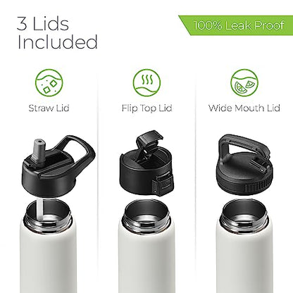 SipX™ 25 oz Insulated Water Bottle with 3 Lids – Leakproof Stainless Steel, Triple Insulated – Cold 24 Hours/Hot 12 Hours – Durable Bottle for School, Gym, Travel – White - color: White, size: 25 Ounces