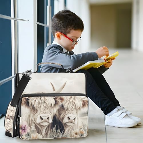 3 Ring Zipper Binder with Shoulder Strap Highland Cow Cattle Flower 2 Inch Zippered Binder Bag 500 Sheet Capacity Multi Pockets for School Supplies - color: Multi23
