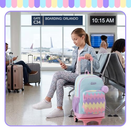 Girls Rolling Backpack for Kids Backpack with Wheels for Elementary School,Large Capacity Trolley School Bag with Lunch Box Pencil Case - color: Purple Blue