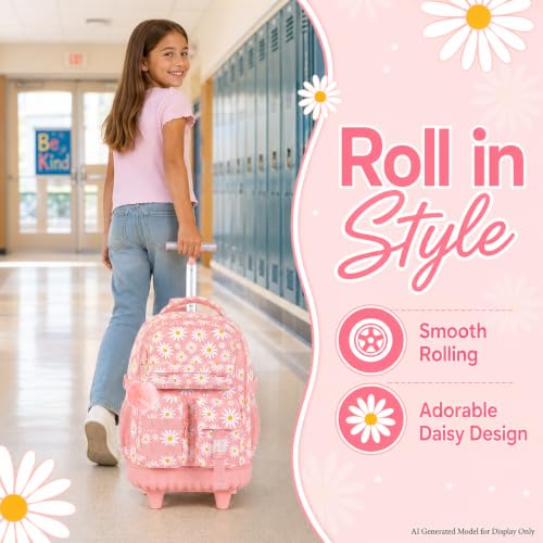 CCJPX 3Pcs Rolling Backpack for Girls, Roller Wheeled School Bookbag, Daisy Wheels Backpacks with Lunch Box for Kids (Pink) - color: Daisy Pink