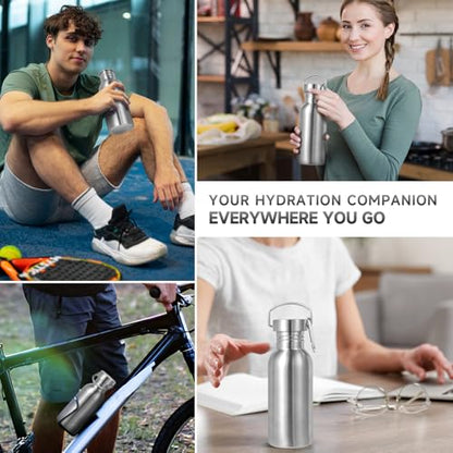 Volhoply 20oz Uninsulated Single Walled Water Bottle, Stainless Steel Reusable Water Bottles with Handle & Carabiner, BPA Free 18/8 304 Sports Water Bottles for Camping Hiking(Silver,1) - color: Silver