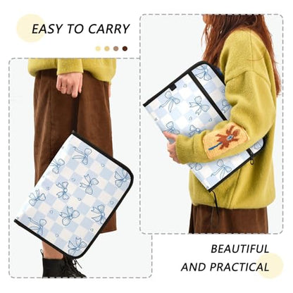 13 Pockets Expanding File Folder Blue Bow Checkboard Accordion File Organizer A4 Letter Size Paper Document Storage Zipper Expandable Folders with Labels
