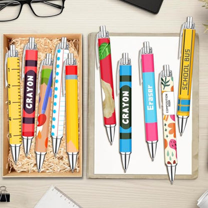 Teacher Appreciation Week Ballpoint Pens Set of 10 – Colorful Crayon-Inspired Teacher Theme Pens with Classroom Supply Designs – Smooth Black Ink Pens for Classroom, Office, and Thank You Gifts - style: Chalk Teacher