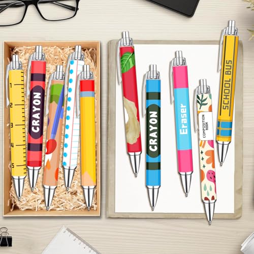 Teacher Appreciation Week Ballpoint Pens Set of 10 – Colorful Crayon-Inspired Teacher Theme Pens with Classroom Supply Designs – Smooth Black Ink Pens for Classroom, Office, and Thank You Gifts - style: Chalk Teacher