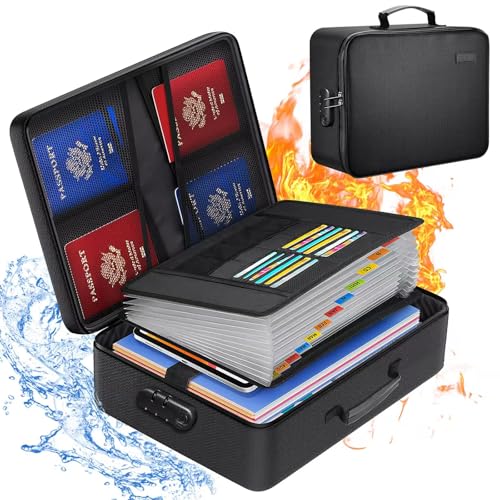 TOPCJ Fireproof Document Box with Lock,Waterproof Document Organizer with Zipper,Heat Insulated Accordion File Organizer,Portable File Box for Important Documents,Files,13 Pockets - style: Luxurious