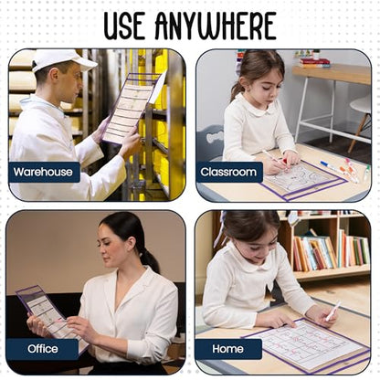 Essex Wares - 6 Pack, Purple, Dry Erase Pocket Document Protectors, 10" Wide x 13.5" Tall - Dry Erase Clear Plastic Sleeves - Reusable & Easy Erase Plastic Invoice Holders, Water-Resistant & Durable - color: Purple