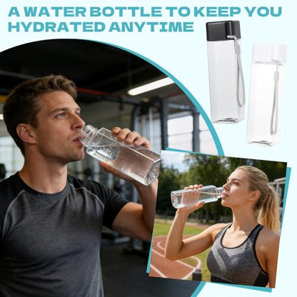 YEXEXINM 16 PCS Plastic Water Bottle Bulk 15oz Reusable Sports Water Bottle with Handle Strap, Leakproof Lightweight Portable Waterbottle for School Gym Fitness Travel (Black&White, Rectangle)