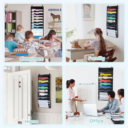 ALSLEA 8 Pockets Hanging Wall File Organizer 15" Extra Wide Pocket Chart for Classroom, Office, Home, Mail Organizer Wall Mounted with 1 Writable Clear Pocket, 5 Wall/ Door Hooks & 12 Labels (Black) - size: Medium (8 Pockets)
