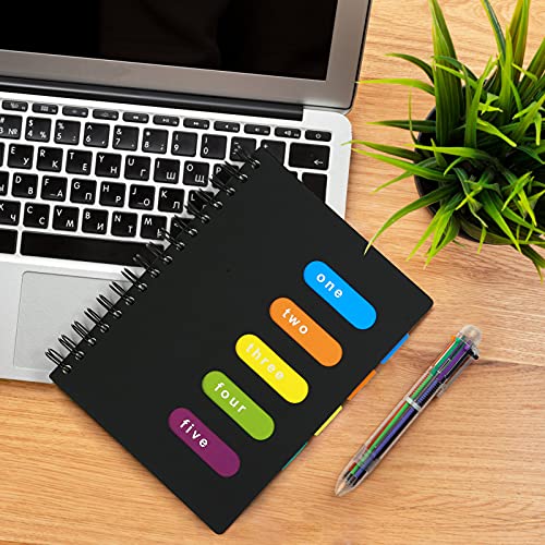 KESOTE Spiral Notebook with Divider Tabs, Professional Notebooks for Work School, Wide Ruled 5 Subject 6.3" × 9.4" Tabbed Notebook Journal with Pen, 300 Pages, Black - color: Black