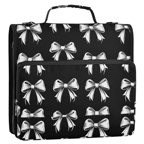Boccsty Black White Bow Zipper Binder 3 Ring Binders Expanding File Folder Multi-Pocket Zipper Binder Organizer for School Shoulder Strap and Handle - color: Multicolored 06