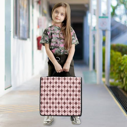 Brown Pink Diamond Checkered Plaid Striped Binder Bag 3 Ring Zipper Binders with Shoulder Strap for School Office Organizer Storage - color: Q010