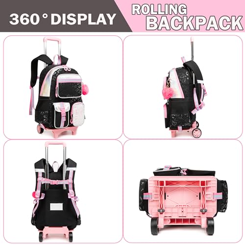 Meetbelify Girls Rolling Backpack with Wheels - Cute Kawaii Carry On Backpack for Elementary Students - Lunch Box Included - Travel Suitcase for Girls 8-10 - color: Love Black