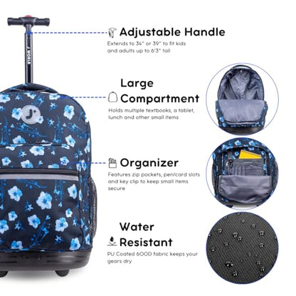 J World Sunrise Kids Rolling Backpack with Wheels for Girls Boys, Roller Bookbag for School, 18 x 13 x 9 Inches, Night Bloom - color: Night Bloom