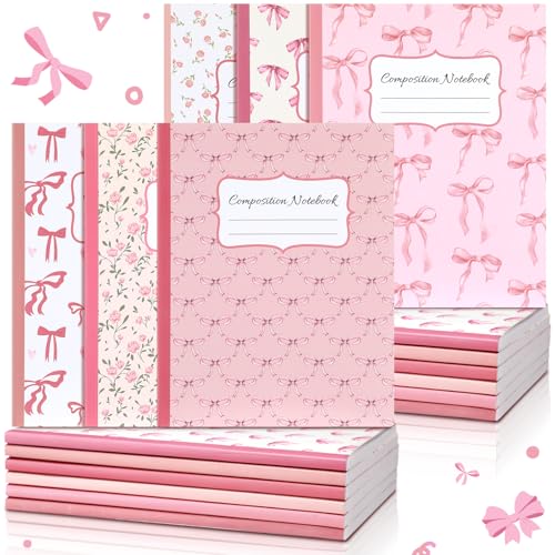 Fullhawl 6 Pack Composition Notebook College Ruled Bulk Pink Bow Composition Notebook Preppy Aesthetic for Back to School Supplies 110 Pages 9-3/4 x 7-1/2" Cute Journal for First Day of School Office - color: Pink, size: College Ruled