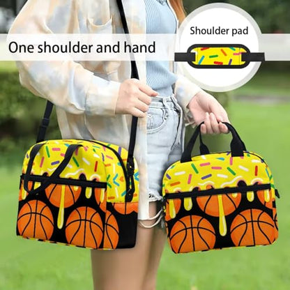Yellow Ice Cream Basketball 3pcs School Backpack Set With Lunch Box Pencil Case, 17 Inch Large Capacity Bookpacks 3 In 1 Set For Boys Girls - color: Yellow Ice Cream Basketball