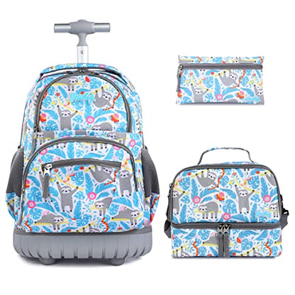 seastig Rolling Backpack 16 inch Wheeled Backpack with Lunch Bag & Pencil Case Roller Backpack Set Carry-on Bag School Travel - color: Sloth