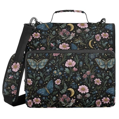 Moths Butterfly Gothic 3 D-Ring 2 inch Zipper Binder Bag with Shoulder Strap, School Multi-Pocket Portfolio Organizer Case for 13 Inch Laptop