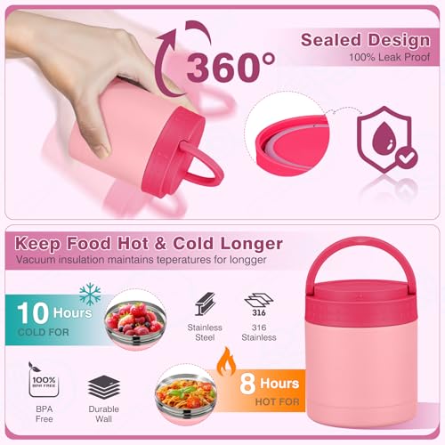 Bento Lunch Box Set with 10.5oz Soup Thermo Food Jar for Adults Kids, Stainless Steel Leak-proof Lunch Container with 4 Compartment, Coffee Tumbler with Lunch Bag for School Travel Office-Pink - color: Pink
