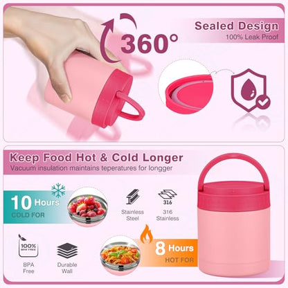 Bento Lunch Box Set with 10.5oz Soup Thermo Food Jar for Adults Kids, Stainless Steel Leak-proof Lunch Container with 4 Compartment, Coffee Tumbler with Lunch Bag for School Travel Office-Pink - color: Pink