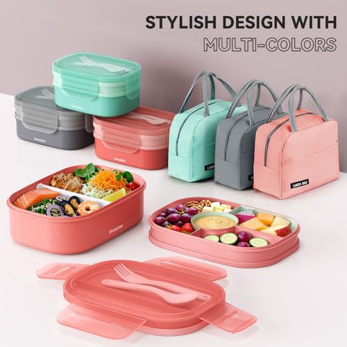 2 Layers Bento Box, All-in-One Stackable Lunch Container with Compartments, 64oz Leakproof Microwave Safe Dishwasher Safe Bento Box with Lunch Bag and Utensil Set for Kids and Adults - color: Pink