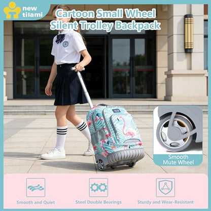 NEW TILAMI Rolling Backpack for Kids 18 Inch Wheeled Laptop Backpack Kids School Travel - color: Flamingo