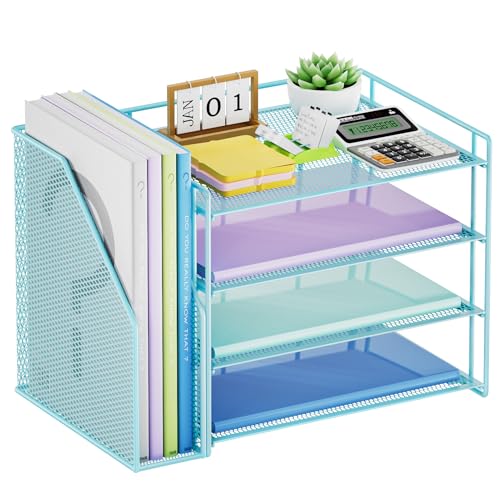 Marbrasse Desk Organizer and Accessories，4-Tier Paper Letter Tray Organizer with File Holder，Desk Accessories & Workspace Desktop Organizers for School Home Office Supplies (Blue) - color: Blue