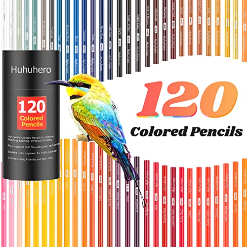 Huhuhero 색연필 120개, 성인용 아트 컬러 연필, 컬러링 북 | 생생한 오일 베이스 120가지 색상, 소프트 코어 매끄러운 레이다운, 파손 방지, 컬러링 북, 스케치용 컬러링 키트