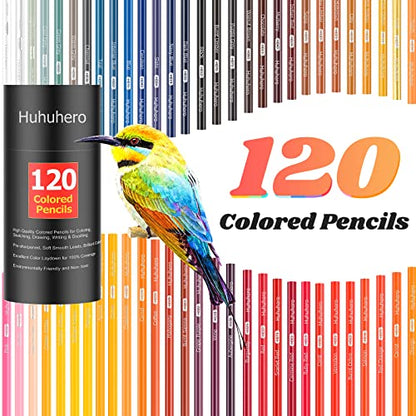 Huhuhero 색연필 120개, 성인용 아트 컬러 연필, 컬러링 북 | 생생한 오일 베이스 120가지 색상, 소프트 코어 매끄러운 레이다운, 파손 방지, 컬러링 북, 스케치용 컬러링 키트