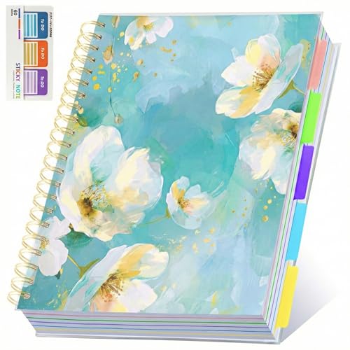 5 Subject Notebook for Work with Removable Dividers Tabs, Large 8.5" x 11 Spiral Lined Notebooks for School Note Taking & Organizer, A4 240 Pages College Ruled Journal for Women & Writing, Green Floral - color: Green floral