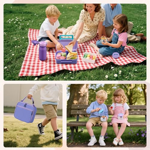 MAISON HUIS Bento Box for Kids with 8oz Soup Thermo, Insulated Lunch Bag & 17oz Water Bottle, 2-Compartment Bento Box with Built-In Ice Pack, Leak-Proof & BPA-Free (Purple) - color: Purple