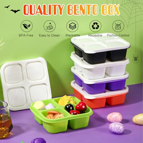 Honeydak 5 Pack Snack Containers 4 Compartment Bento Snack Boxes Reusable Lunchable Containers with Lids Divided Meal Prep Lunch Food Storage Box for School Work Travel(Halloween,Equal) - color: Halloween, style: Equal