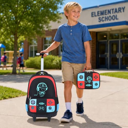 Bevalsa Rolling Backpack for Boys,Cool Luminous Gamer Roller School Backpacks with Lunch Box & Pencil Case,Kids Wheeled Schoolbag Bookbag with Wheels for Kindergarten Elementary School Travel - color: Red Blue