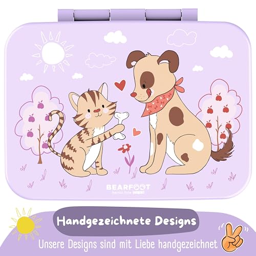 BEARFOOT Kids Lunch Box with Compartments – Compact & Lightweight | Leak-Proof, BPA-Free, Dishwasher Safe | Hand-Drawn Design for Preschool, School, Travel (Dog & Cat Purple, 2.75 Cups) - color: Dog&Cat-Purple, size: 2.75 Cups