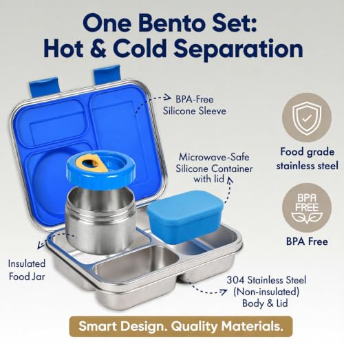 Stainless Steel Bento Lunch Box with 8 oz Insulated Food Jar – 54 oz – Leak-Resistant 3-Compartment Kids & Adult Metal Meal Container with Silicone Container and Thermo for Work & School, BPA-Free