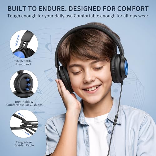 AILIHEN A8 Headphones Wired for School Students Kids K-12 Classroom，Adjustable, Foldable, Over-Ear Headsets with Microphone HD Stereo Sound 3.5mm Jack for Chromebook (Blue)