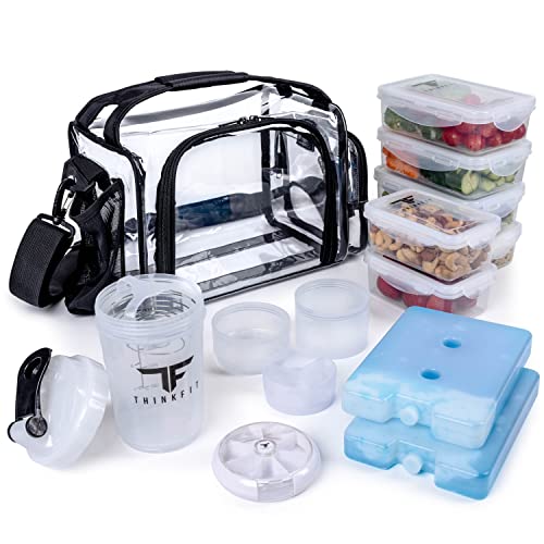 ThinkFit Clear Lunch Bag with 6 Meal Prep Containers and Ice Packs BPA-Free | Includes Shaker Cup, 2 Ice Packs and Pill Organizer; Reusable Clear Lunch Box for Work; Microwave, Freezer, Dishwasher Safe - color: Clear
