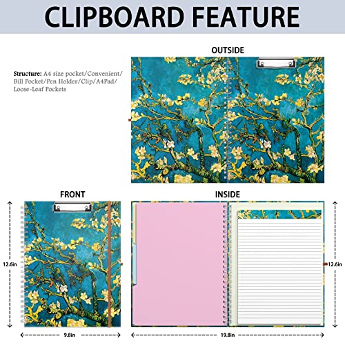 Rimilak Spiral Clipboard Folio with Refillable Lined Notepad, 14.5 x 9.8 in, Hardcover Cover with 5 Interior Pockets, Elastic Band and Pen Loop Series. Cute Stylish Clipfolio, Almond Tree - color: Almond Tree