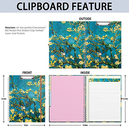Rimilak Spiral Clipboard Folio with Refillable Lined Notepad, 14.5 x 9.8 in, Hardcover Cover with 5 Interior Pockets, Elastic Band and Pen Loop Series. Cute Stylish Clipfolio, Almond Tree - color: Almond Tree