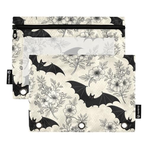 Gredecor Binder Pencil Pouch 3 Ring Gothic Goth Bat Floral Zipper Pencil Pouches Case 2 Pack Clear Binder Organizer for Kids School Office - color: Gothic Goth Bat Floral
