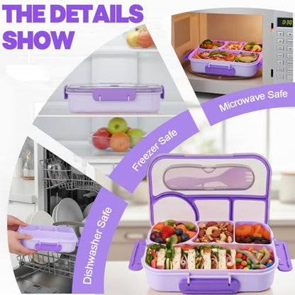 Bento Box for Adults,4 Compartments Lunch Box, Snack Containers Reusable Lunch Containers Drop-Proof, Dishwasher Safe & Made with BPA-Free Materials, Purple - color: Purple