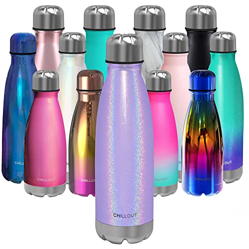 CHILLOUT LIFE Stainless Steel Water Bottle: 17 oz Double Wall Insulated Cola Bottle Shape for Cold and Warm Drinks, BPA Free Metal Sports Bottle - color: Purple Sparkle, size: 17 Ounces, style: 1 Pack